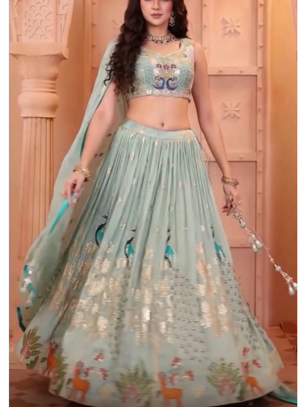 Seafoam Embroidered Lehenga - Women